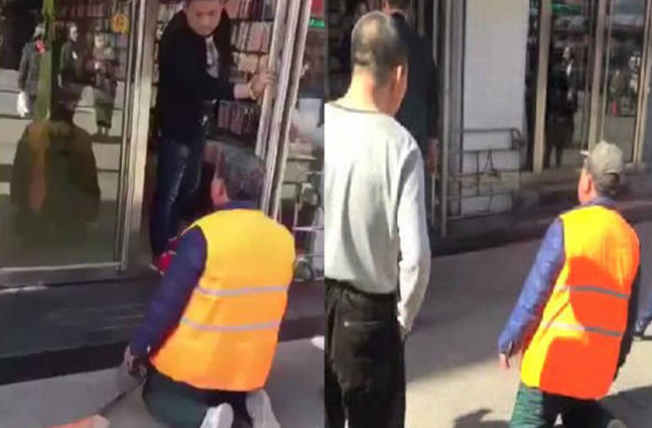 环卫工在5元店门前一跪不起 店主生拉硬拽